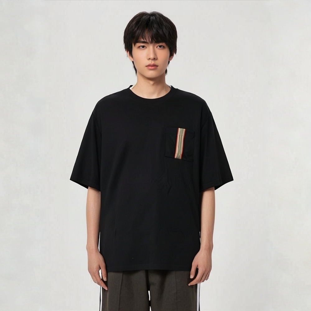 未使用 BURBERRY/博柏利 16160801 口袋彩虹条短袖T恤 黑色 XL码