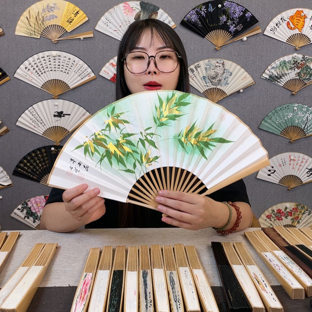 书法8寸玉竹-纯手绘-文玩扇骨（默认粘好）