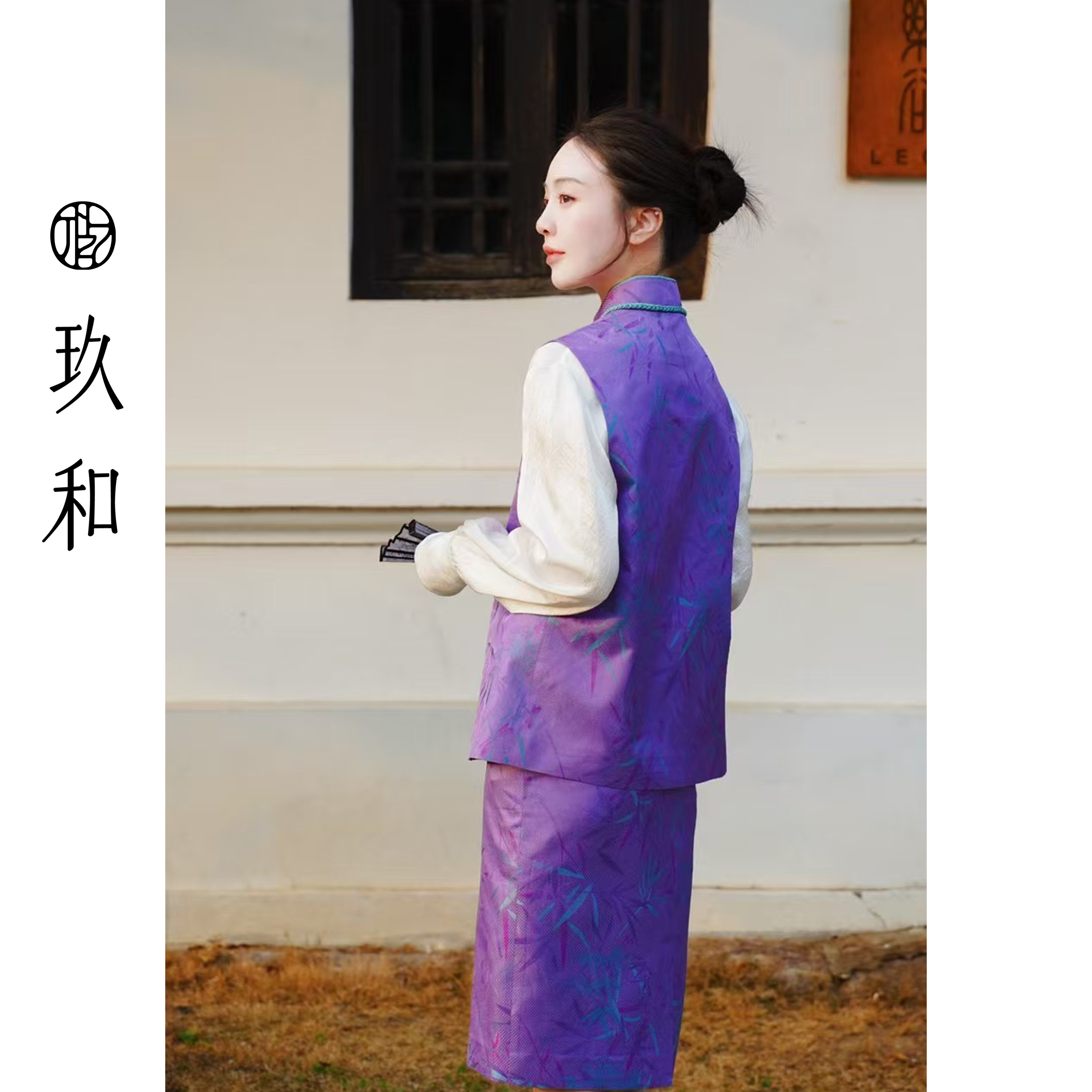 【玖和】新中式国风宋锦玉石扣高级时尚气质百搭紫色半裙JHA1BQ008