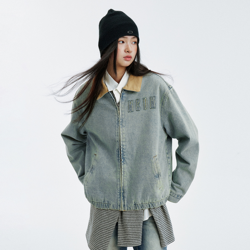 MEDM 简约牛仔拼接灯芯绒休闲夹克秋冬水洗做旧蓝色男女翻领外套