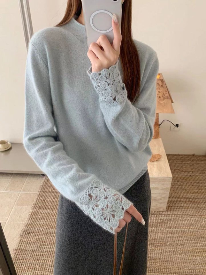 【潘潘858801不可机洗】秋冬新款蜜熊绒针织半高领花边袖休闲毛衣