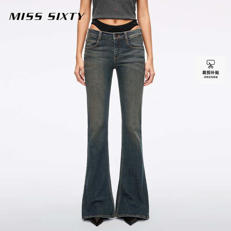Miss Sixty25冬季新款牛仔裤女性感辣妹比基尼拼接喇叭裤圣诞穿搭