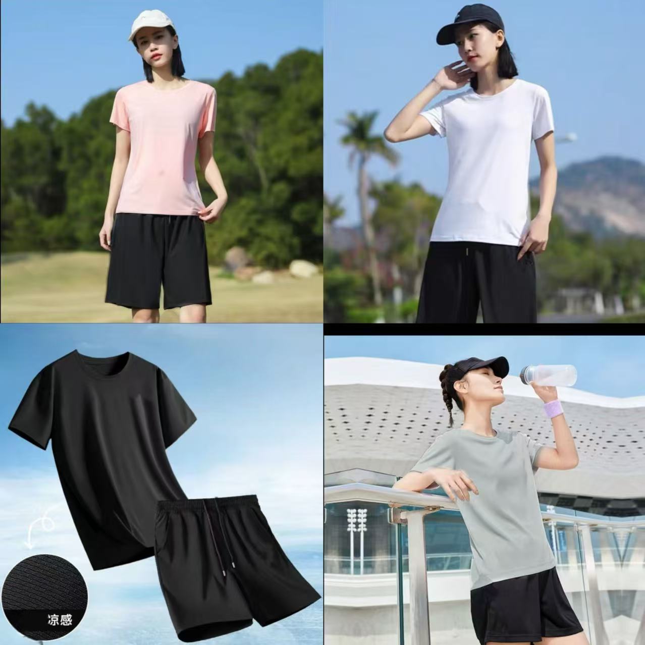 8228-女士骆T（颜色任意）跑步双短训练套装