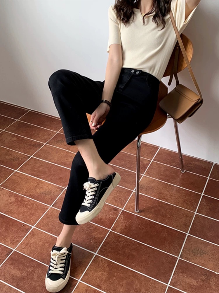 冬季新款直筒高腰牛仔裤大弹力两粒扣