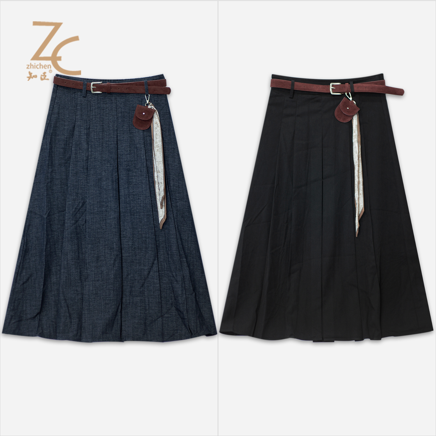 知臣秋季新品 多色通勤休闲压褶遮肉A字版型半身裙女 T25843028