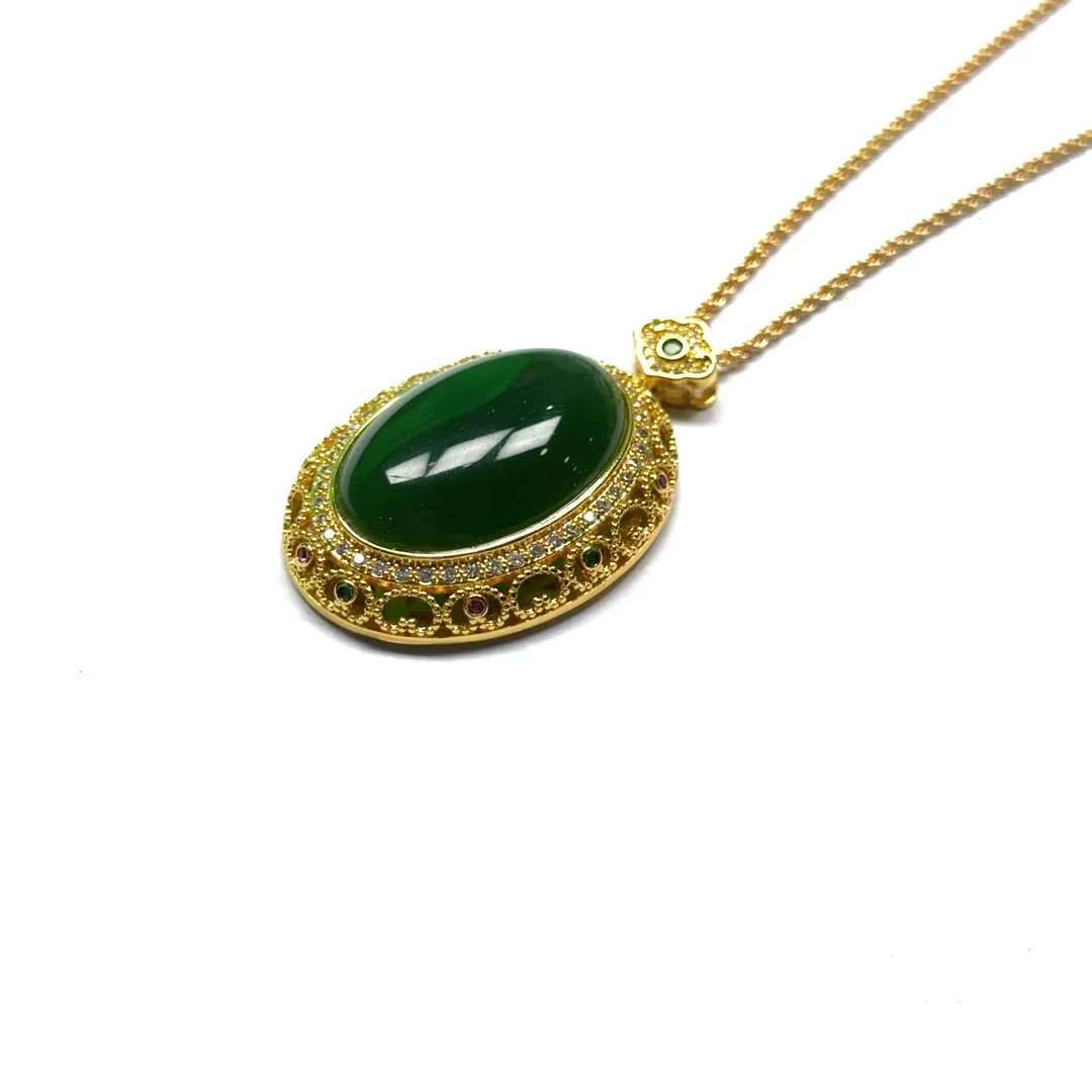 吊坠 EY059 现代简约时尚满绿色蛋面吊坠带链项链 尺寸30x2