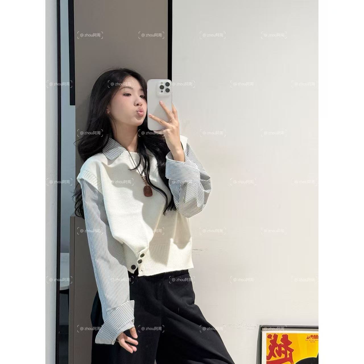 常规假两件款衫毛针织衫女撞色拼接厚款条纹打底