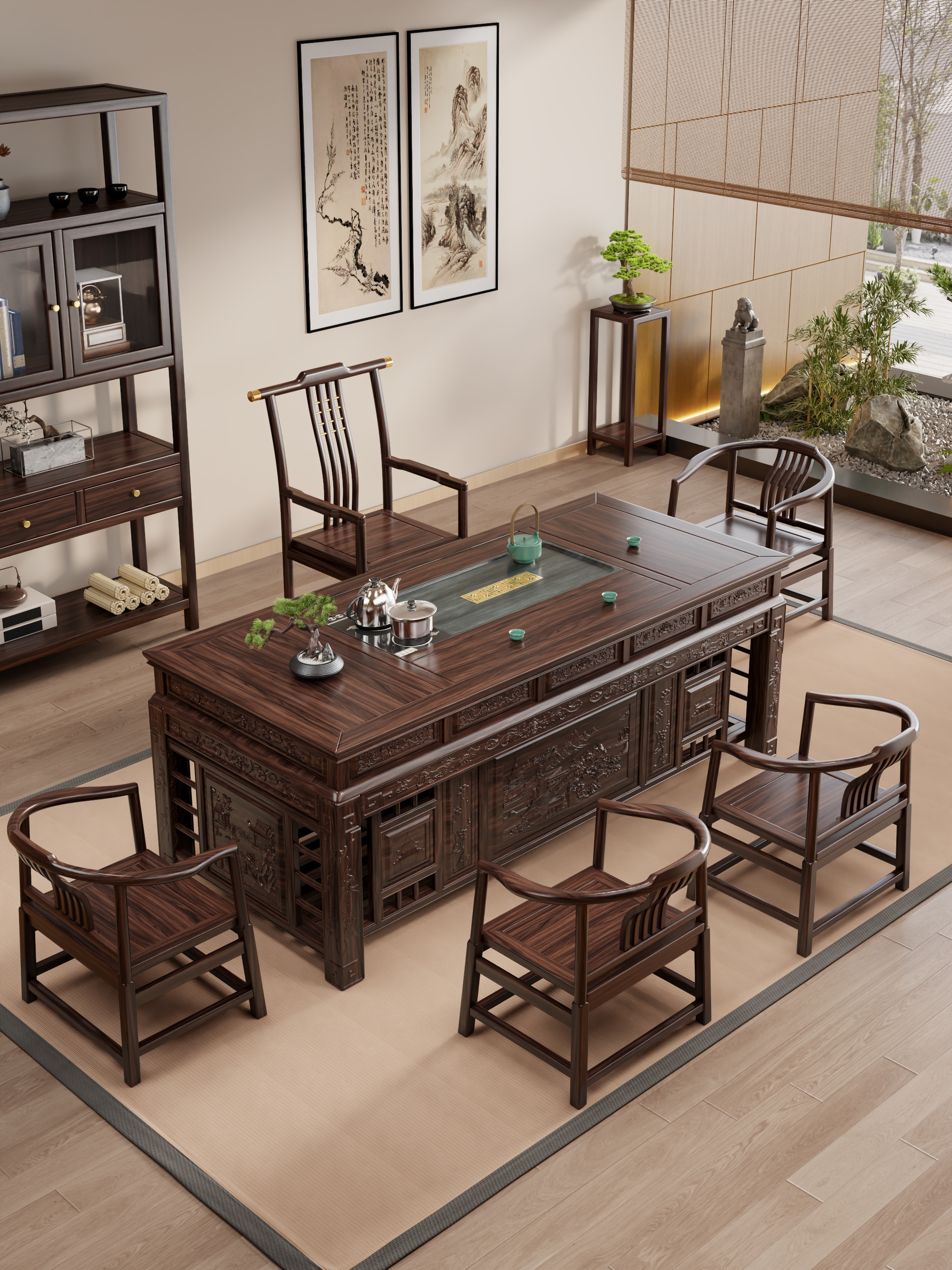 乌金木宰相茶桌现代办公客厅家用茶桌雕花新中式防水简约全自动