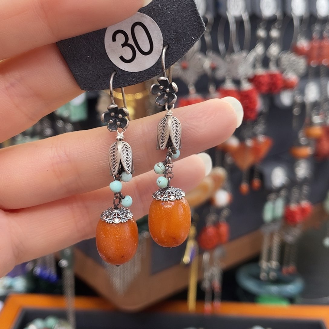 琥珀耳饰银S925镶嵌城***光713ghjhgg