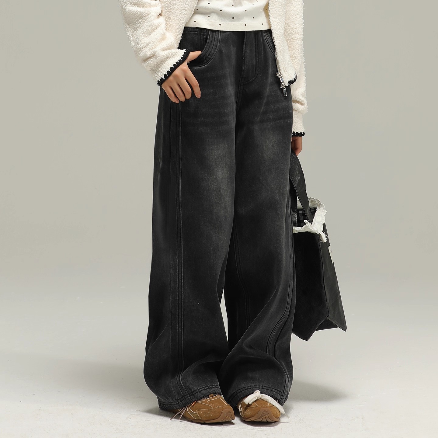 小女森女童秋冬加绒牛仔裤保暖水洗黑色宽松长裤垂感显瘦阔腿裤子