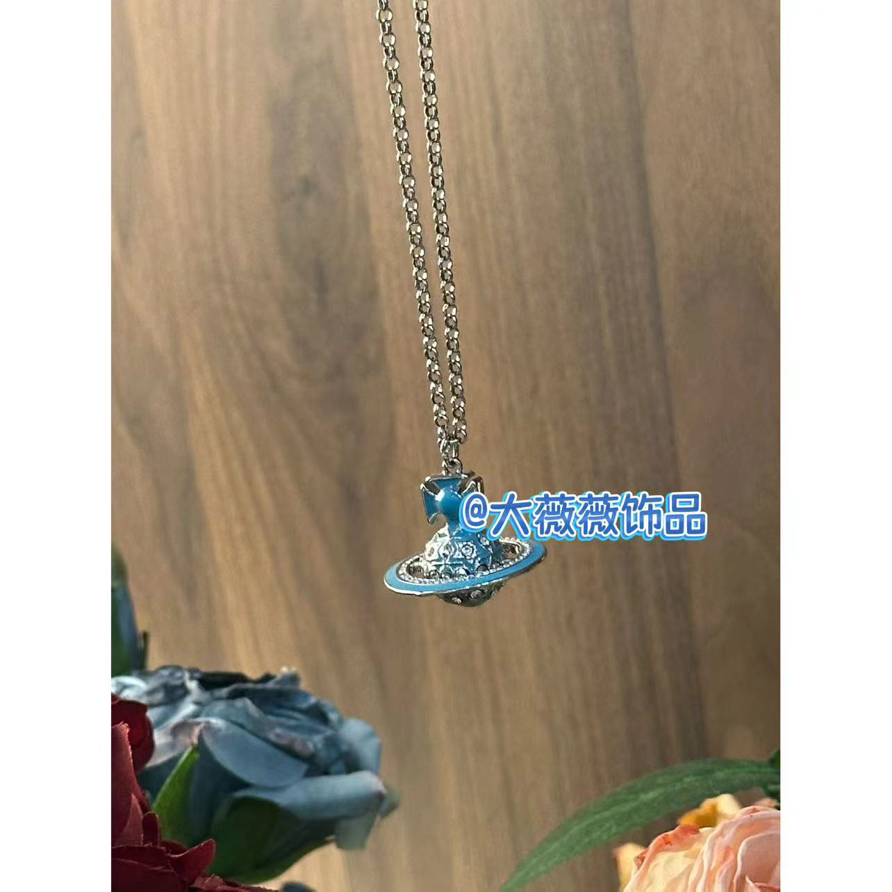 铜合金项链 蓝色土星星球项链-67479