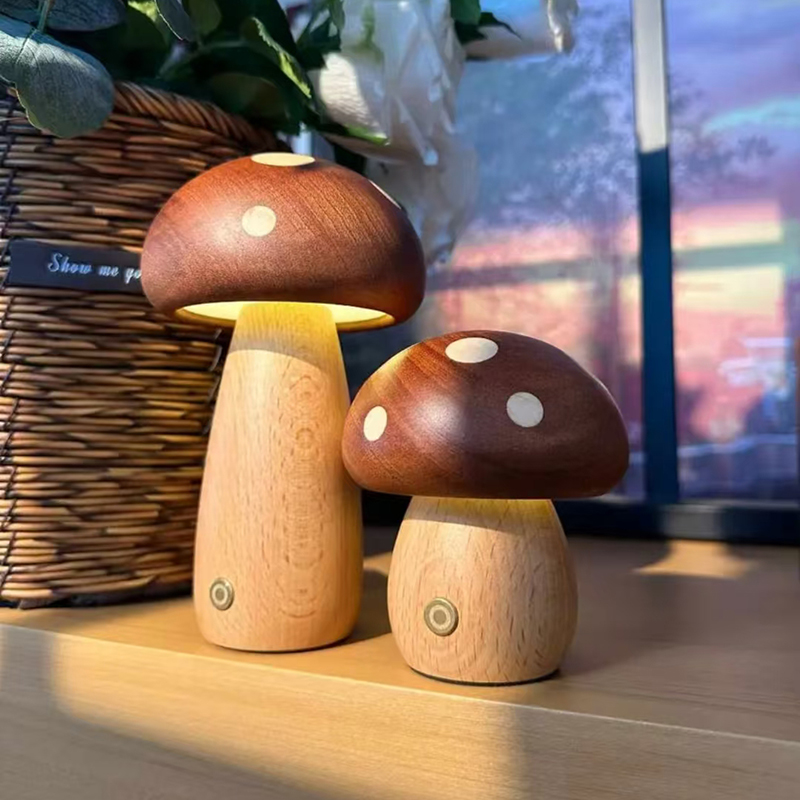 桌面原木蘑菇灯摆件床头小夜灯氛围感暖光触摸睡眠起夜灯可爱礼物