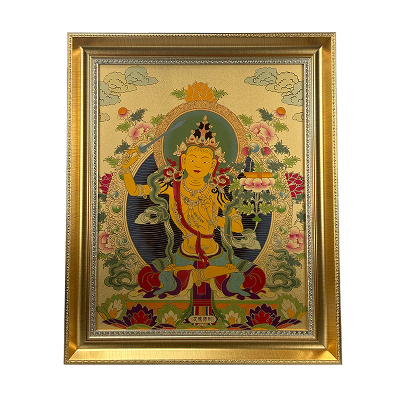 足金999文殊菩萨唐卡茶室玄关装饰画客厅背景墙挂画餐厅50*60cm
