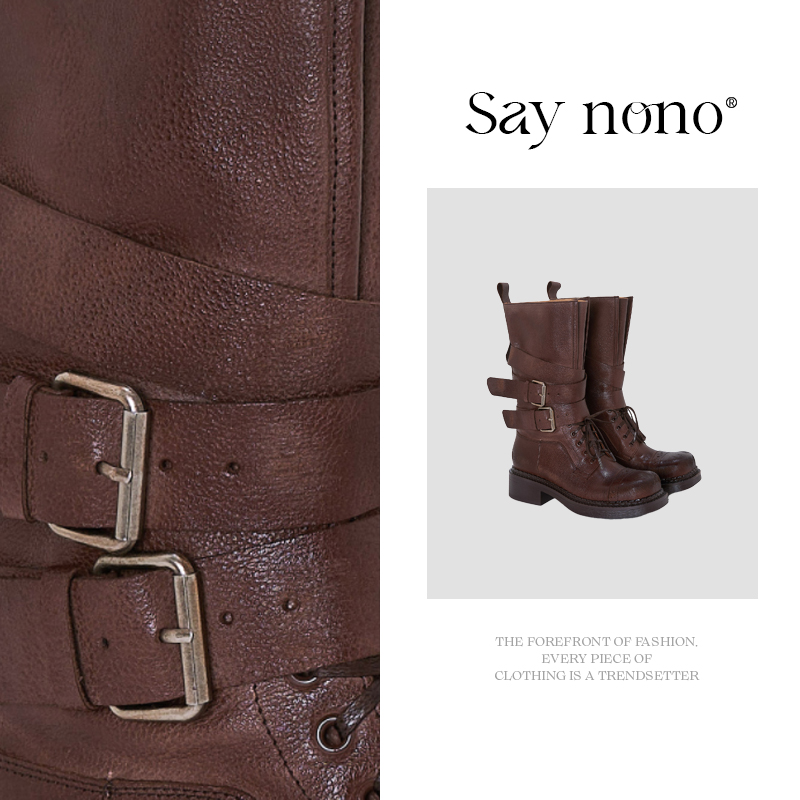 Say nono 复古真皮绑带皮带扣骑士粗跟西部中筒机车靴
