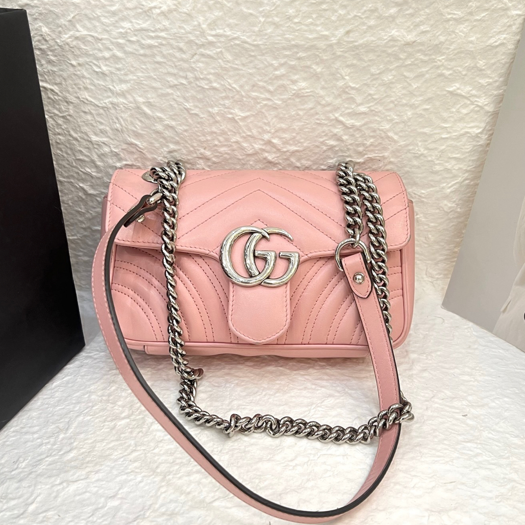 99新 GUCCI/古驰 GUCCI新款marmont马蒙粉银单肩包剪标款
