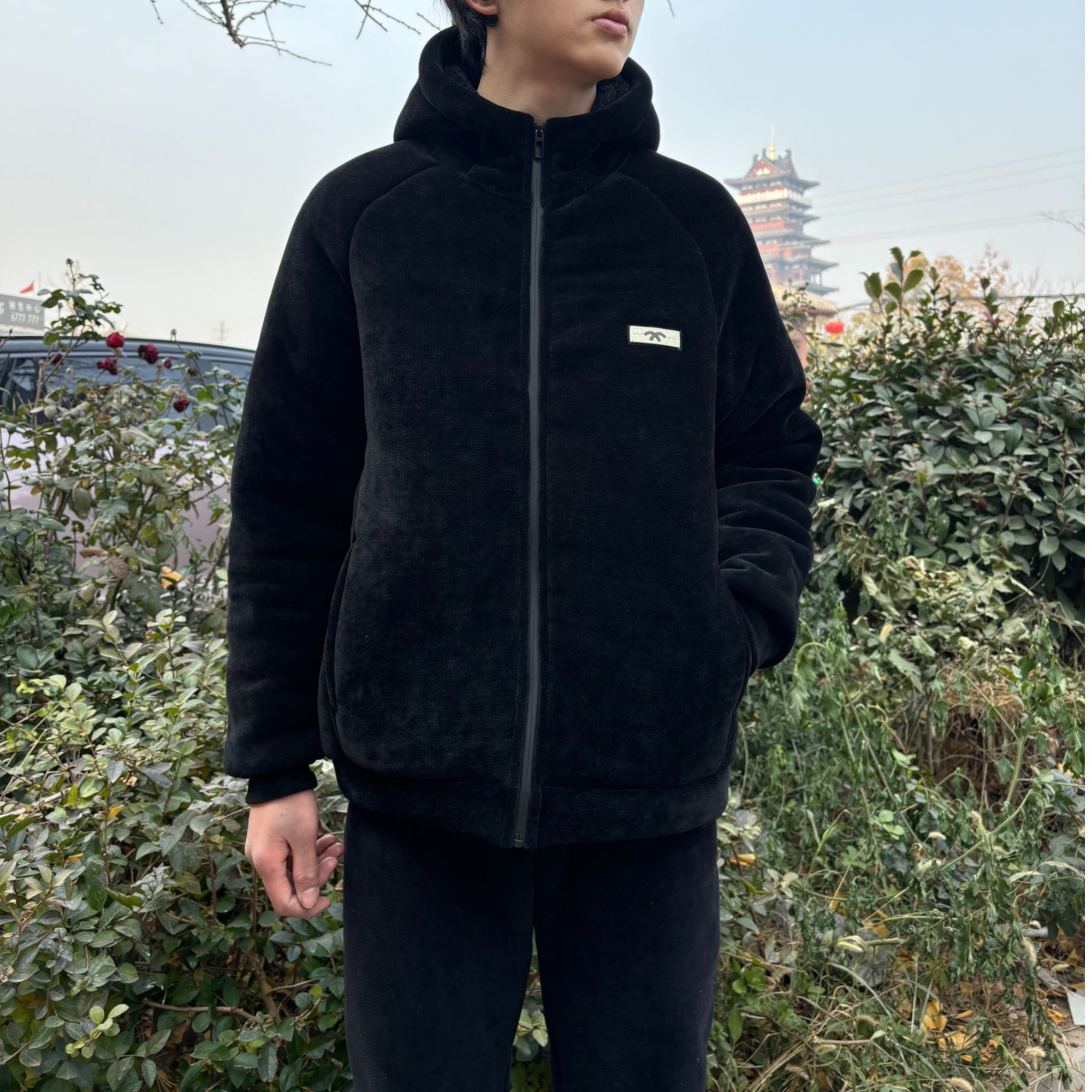 单件帽衫上衣雪尼尔冬季家居服三层加厚睡衣中青年外穿家居服男