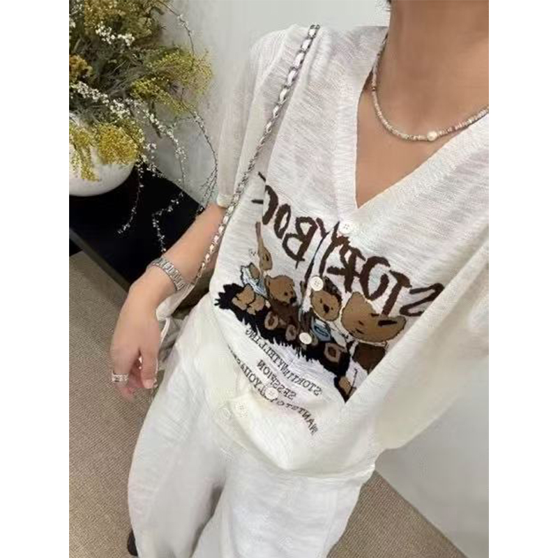 「小熊软糖」夏季竹节亚麻 针织开衫短袖新款薄款休闲V领上衣-2777