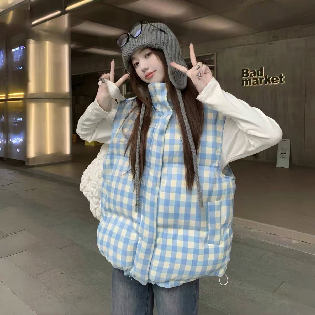 鹅家格子棉服马甲女冬季爆款韩版大码坎肩马夹独特外搭（082-N）
