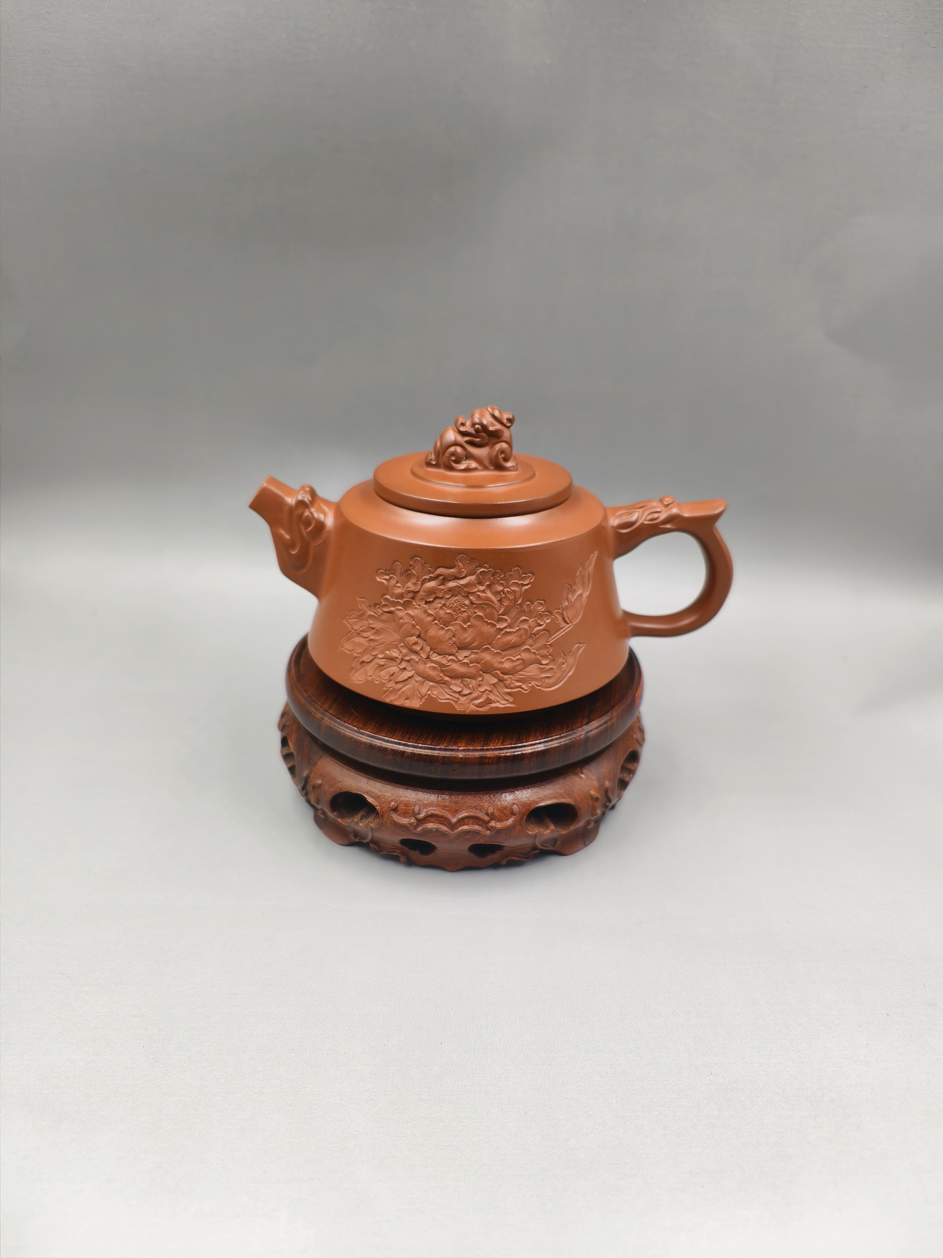 坭兴陶手工精品泡茶壶 将军壶 原色浮雕牡丹花 容量260cc