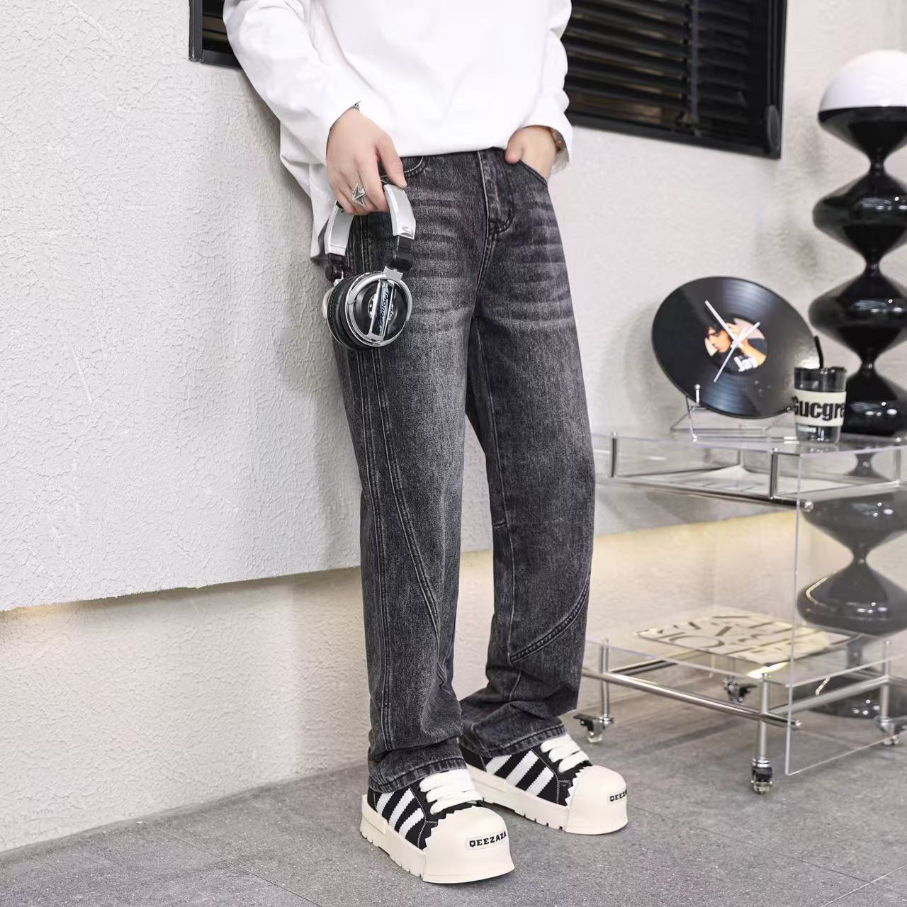 6539秋季黑灰色直筒男宽松潮流时尚水洗百搭牛仔长裤