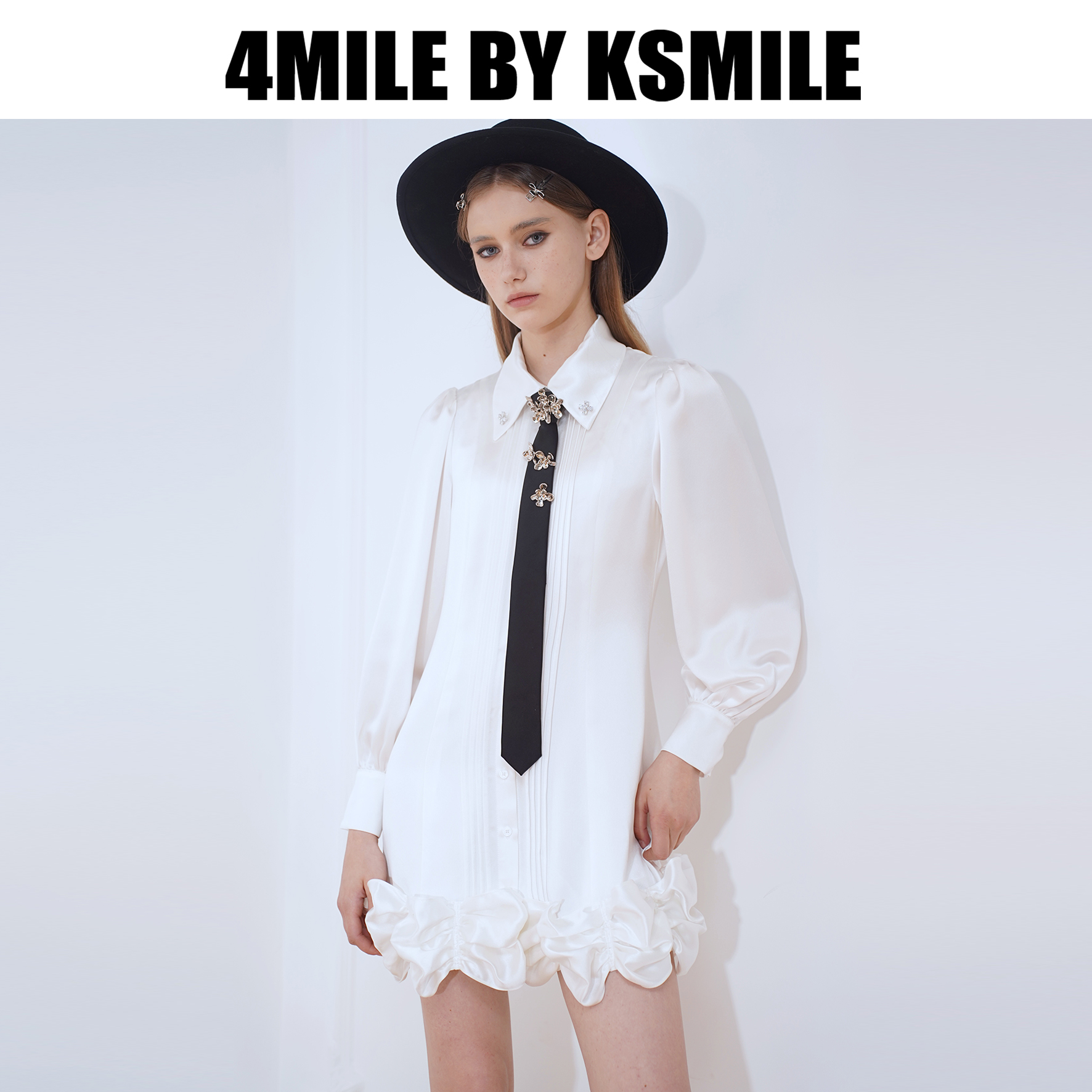 4MILE BY KSMILE | 波伦多夜晚花苞拼衬衫连衣裙泡泡袖压褶醋酸裙