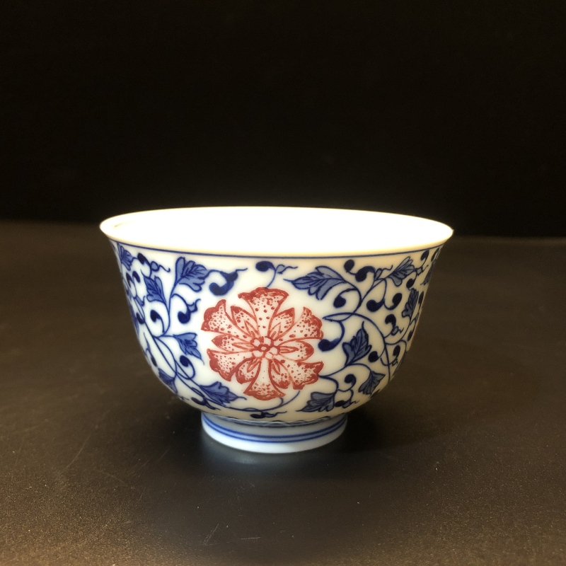 12.31a/n100300/00315/釉里红缠枝莲撇口杯/口径8/高5.1/100cc