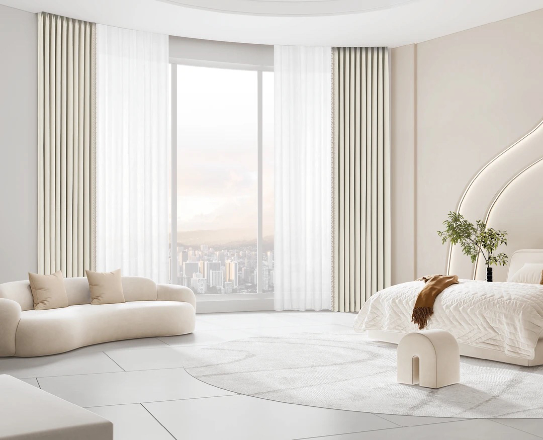 高档雪尼尔奶油白色暗花加厚隔热 防晒遮光一体窗帘