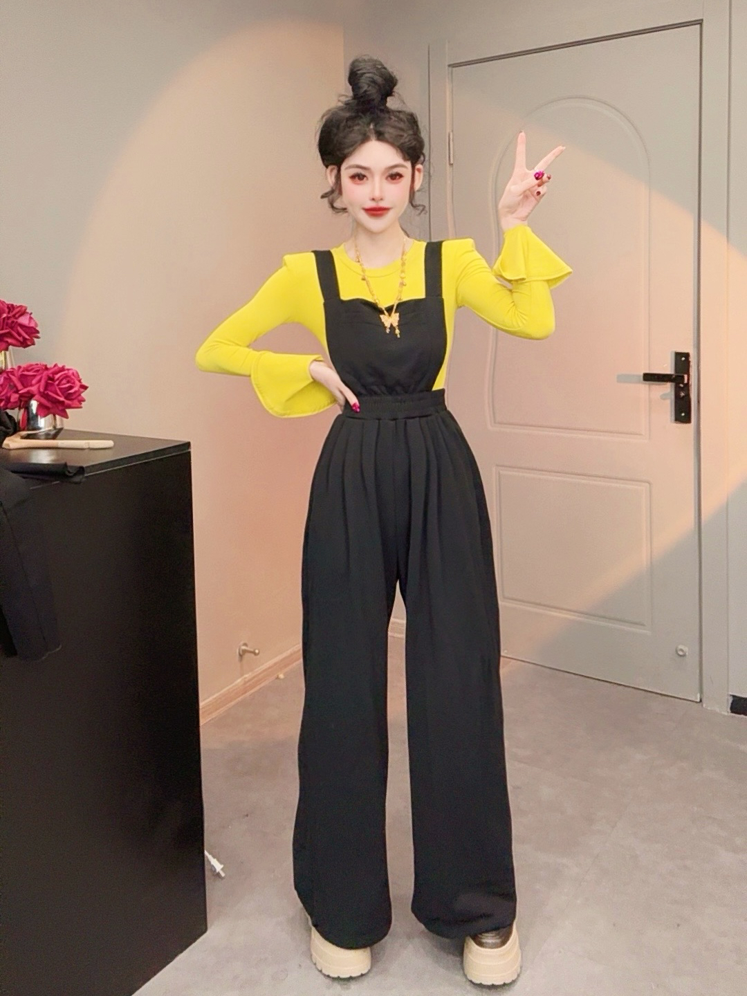 漂亮家「慵懒假期」韩版时尚高腰宽松显瘦阔腿背带卫裤