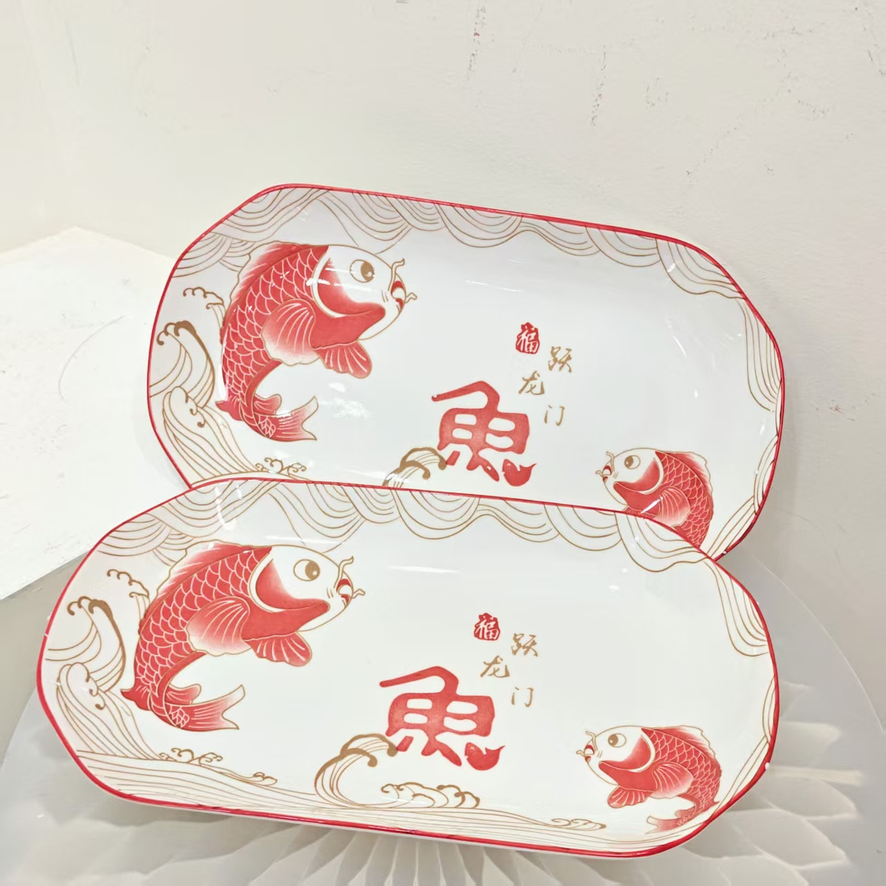 陶瓷鱼跃龙门鱼盘创意家用长方形健康釉下彩设计多功能（随机发货）