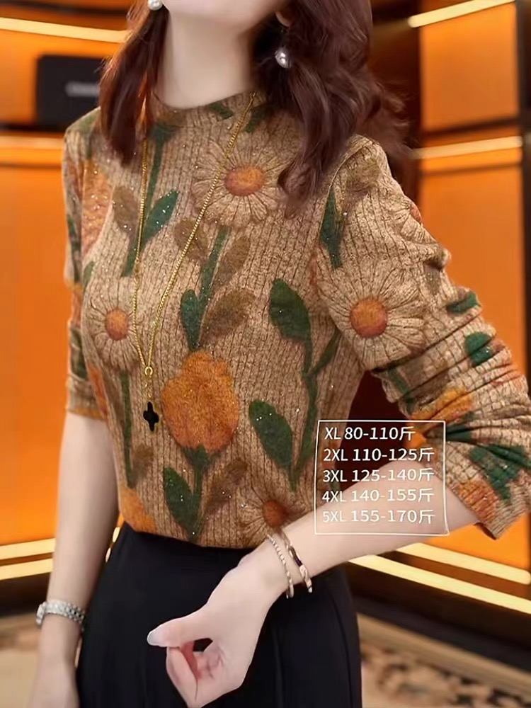 加绒秋冬长袖圆领打底衫女植物花卉百搭圆领针织宽松复古气质