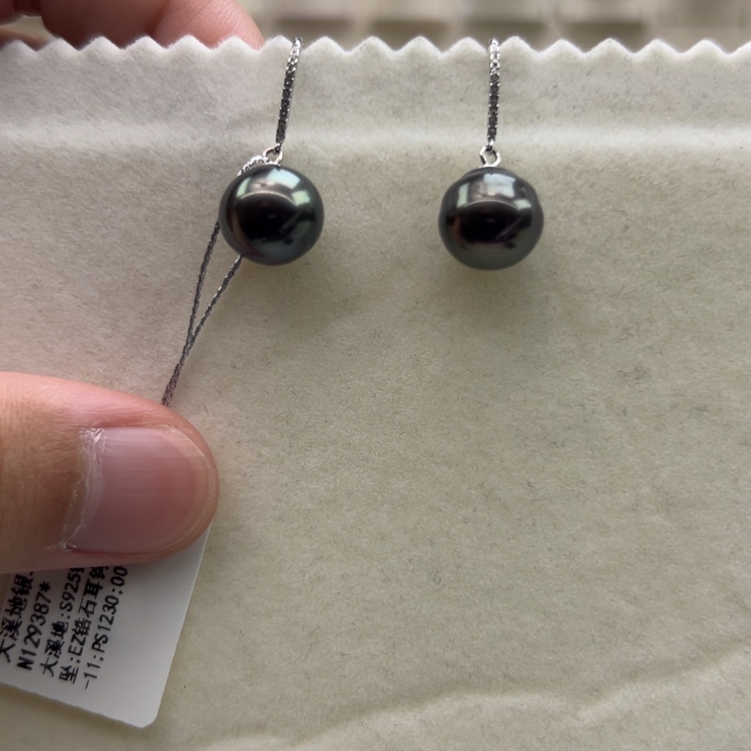 银S925镶嵌耳饰海水珍珠10-11mm大溪地孔雀绿耳钩