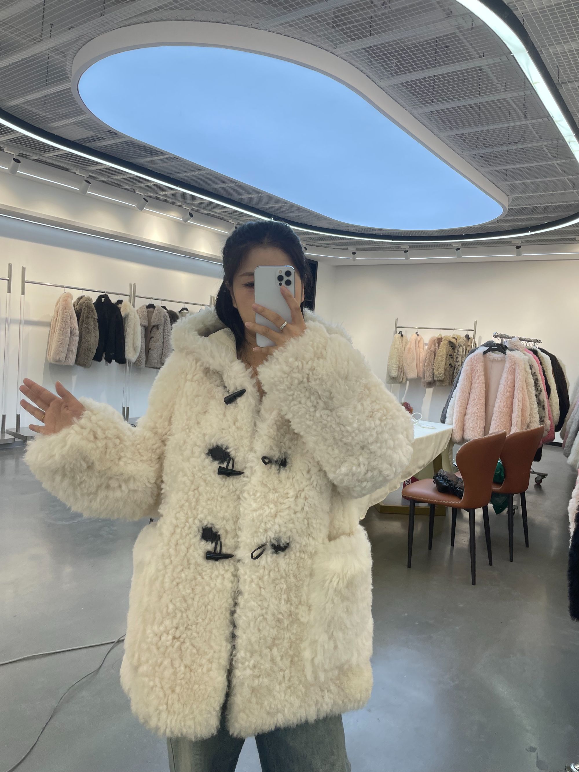 中长款连帽羊毛皮毛一体皮草外套22126