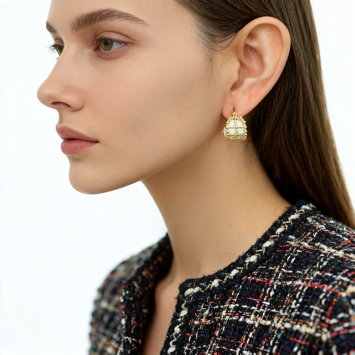 铜合金布艺耳饰 设计师款镂空撞色皮革气质耳扣中古风高颜值耳环