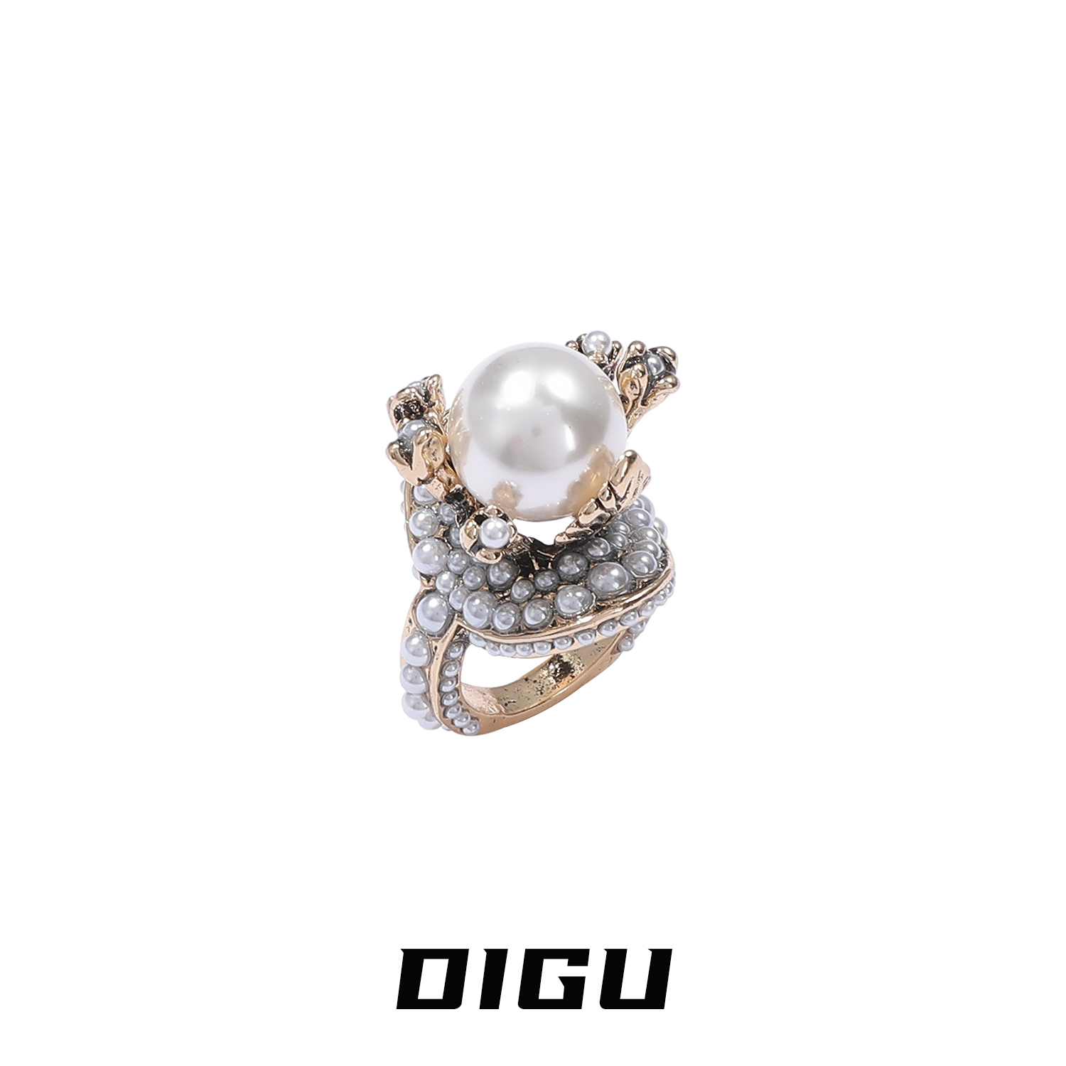 嘀咕家 铜合金仿珍珠戒指 复古做旧珍珠花朵戒指独特手指指环手饰