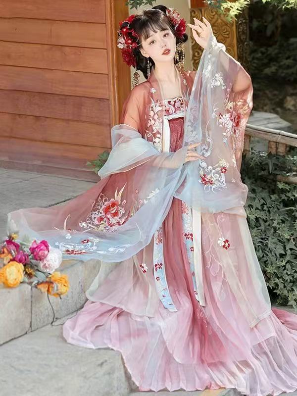 唐制刺绣长袖汉服日常仙气春夏齐腰齐胸薄款