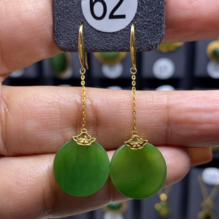 【闪购商品】和田玉耳饰18K金镶嵌14mm圆牌厚金耳饰