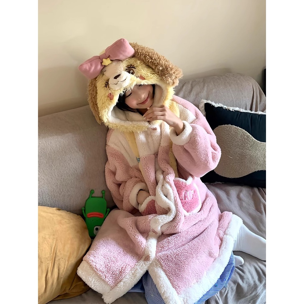 可爱蝴蝶结小狗连帽睡袍珊瑚绒睡衣女冬季新款加绒保暖家居服睡裙