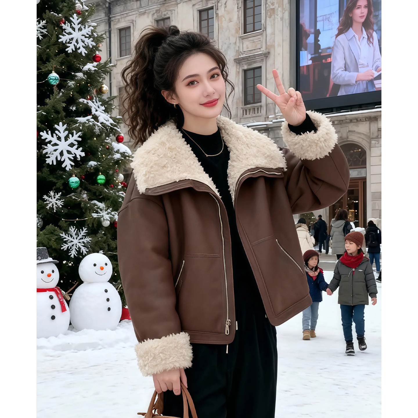 复古拉链口袋毛领夹克外套女2025冬季穿搭高级感轻奢宽松百搭上衣