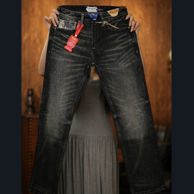 （赤耳丹宁M12)限量黑曜石秋冬新款17盎司奢品牛仔经典刺绣直筒裤