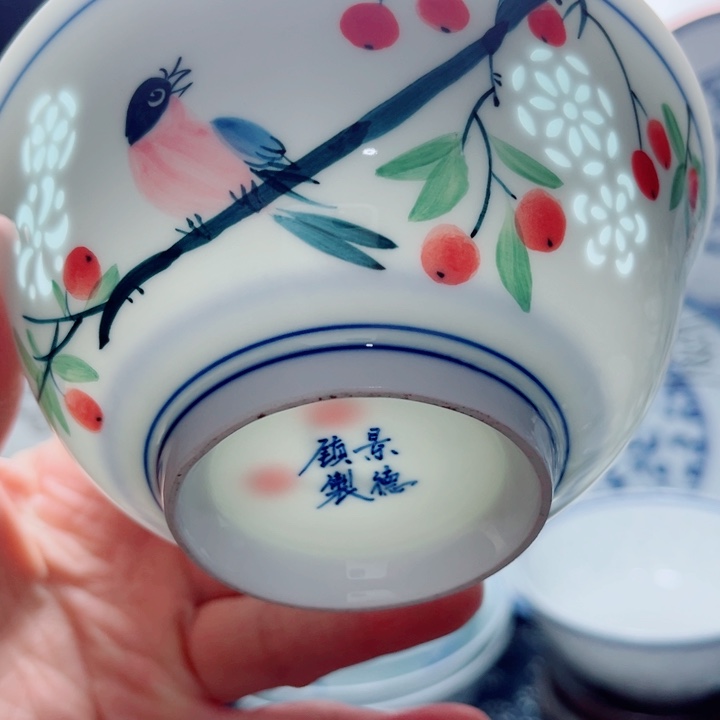 青花玲珑5寸饭碗手绘花鸟