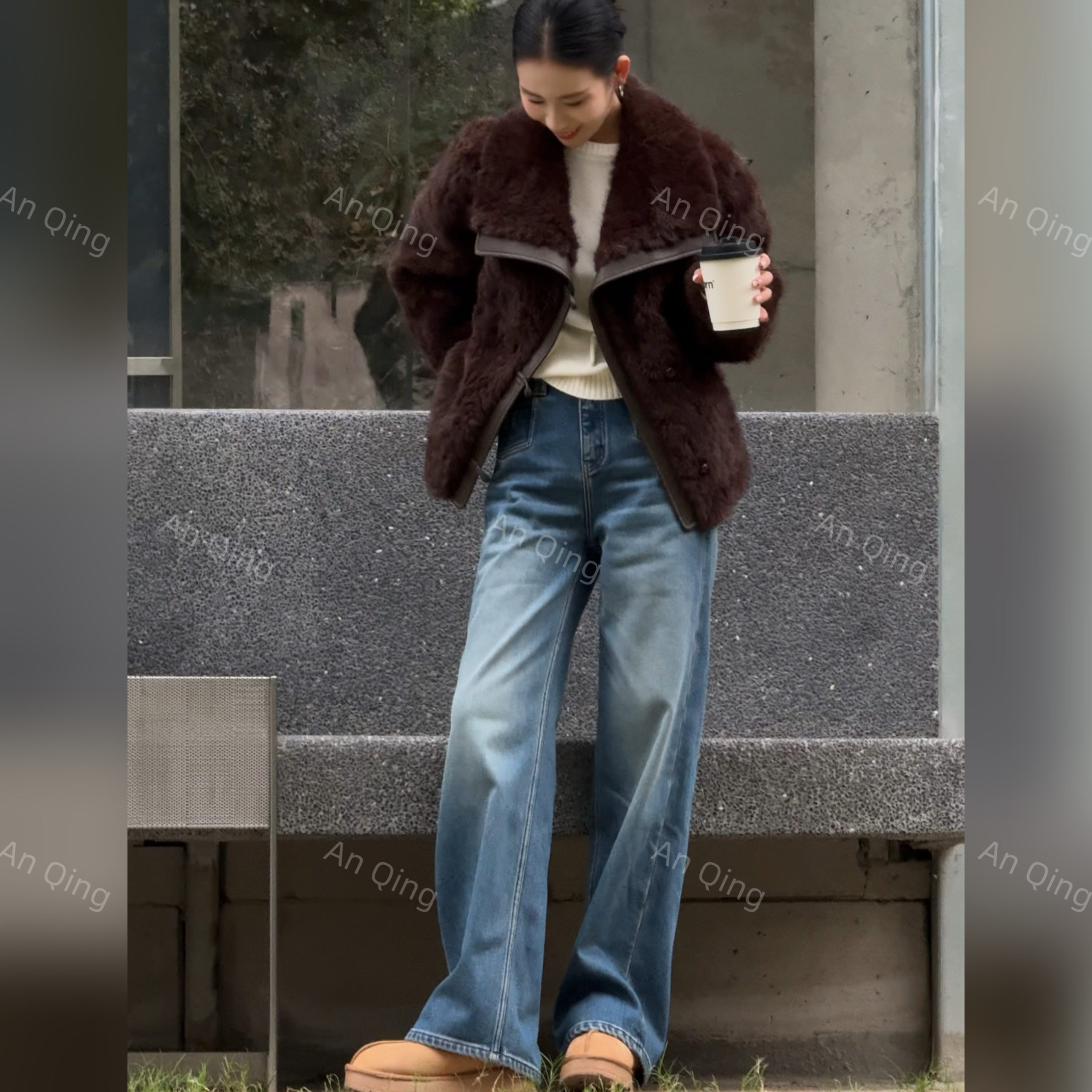 AN  QING冬季加绒厚款弹力显腿长简约休闲直筒牛仔裤