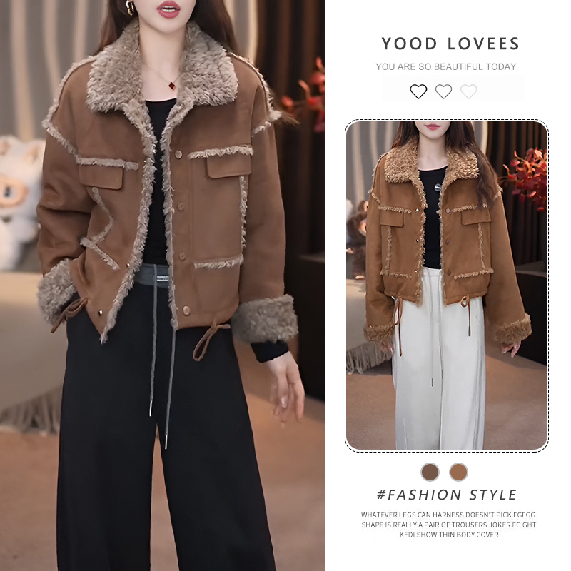 韩版洋气拼接撞色毛毛外套女2025冬季新款设计感皮毛一体保暖上衣