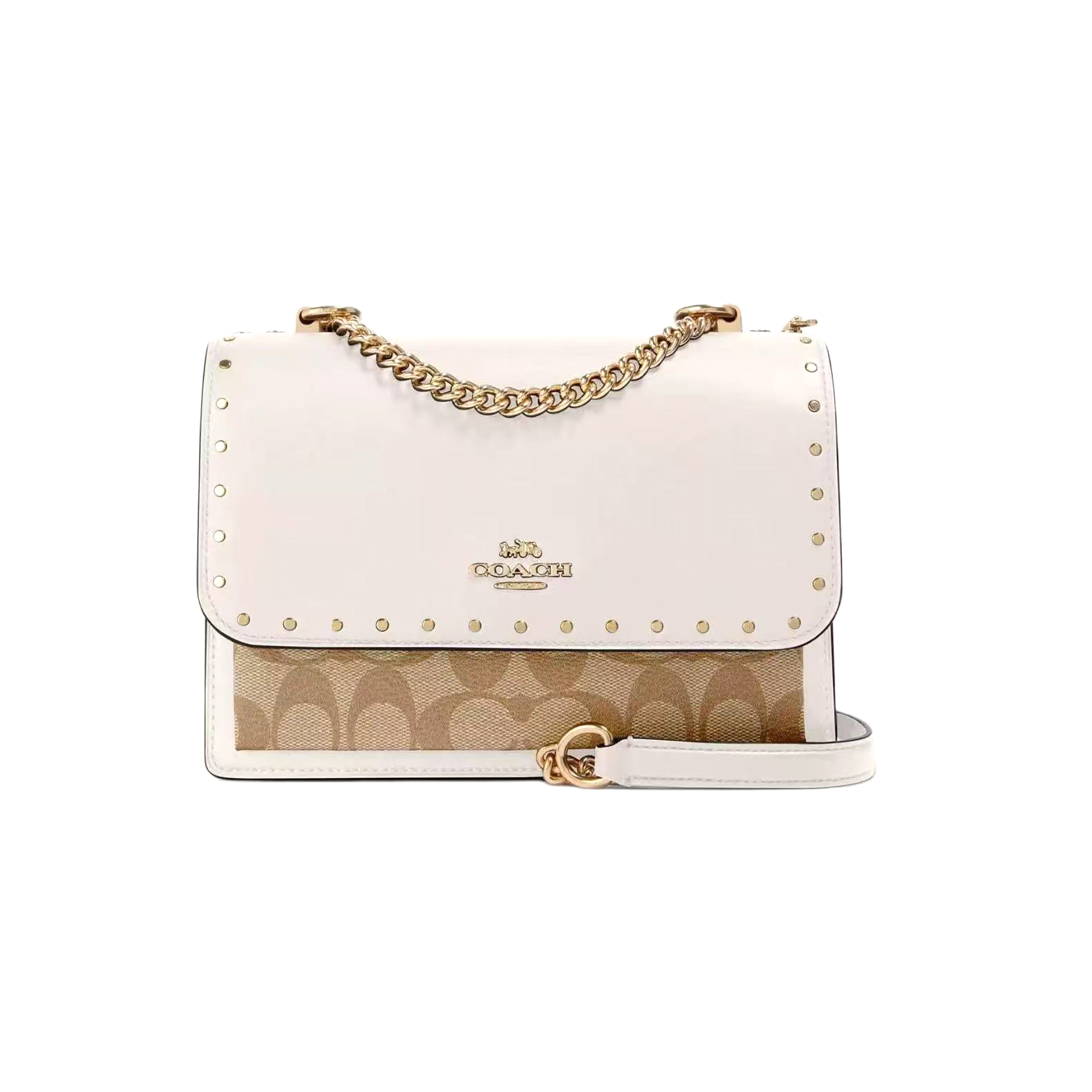 95新 COACH/蔻驰 奶茶色老花铆钉风琴链条包/C2749/21X16X7