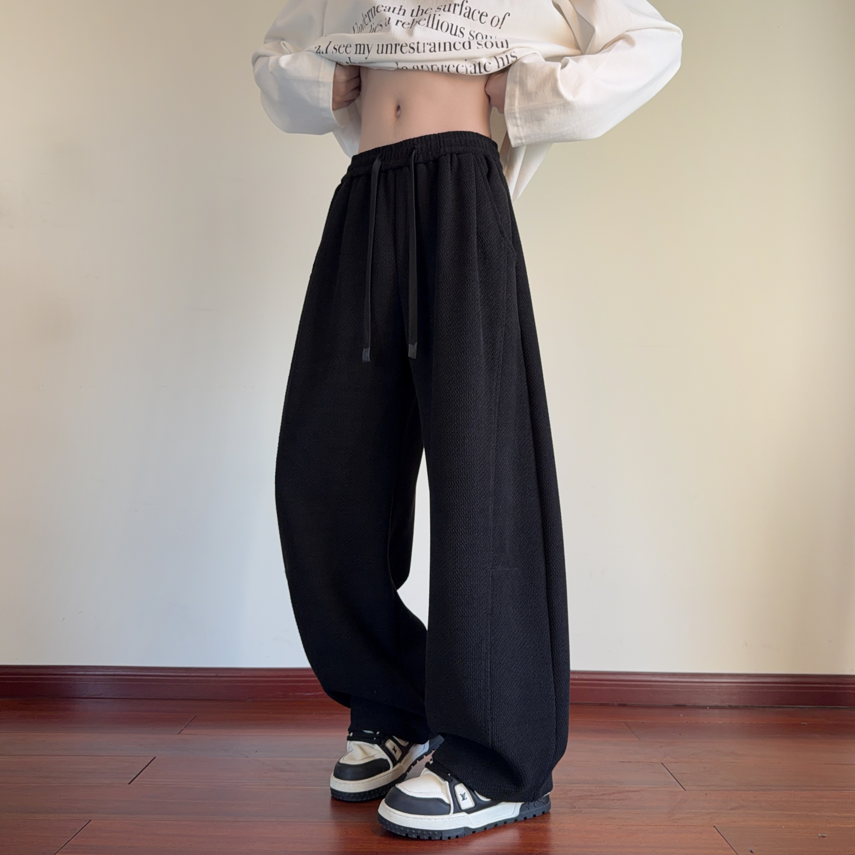 美式麦穗纹弯刀休闲裤子男秋冬潮牌宽松直筒高街运动垂感阔腿长裤