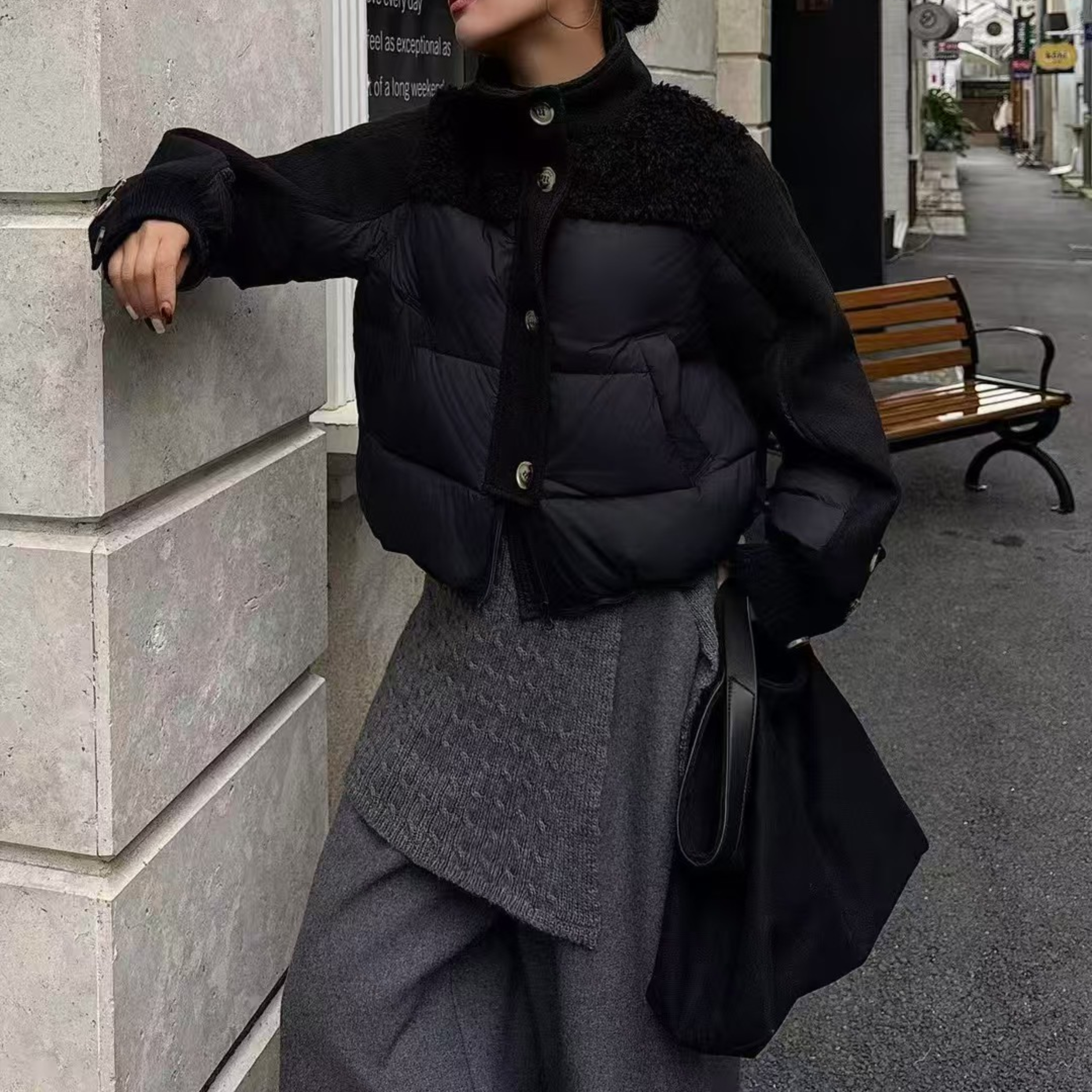 彬彬家冬季呢料拼接羽绒立领宽松白保暖女装短外套819