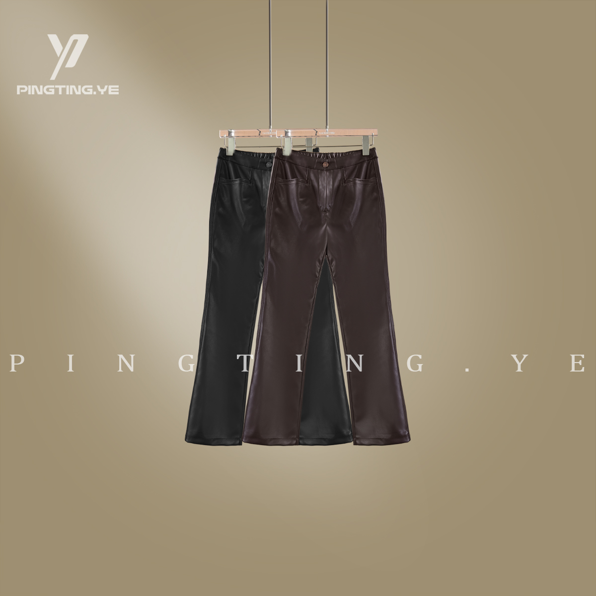 PINGTING.YE加绒复古后松紧腰休闲九分微喇蛋白皮裤PT7535