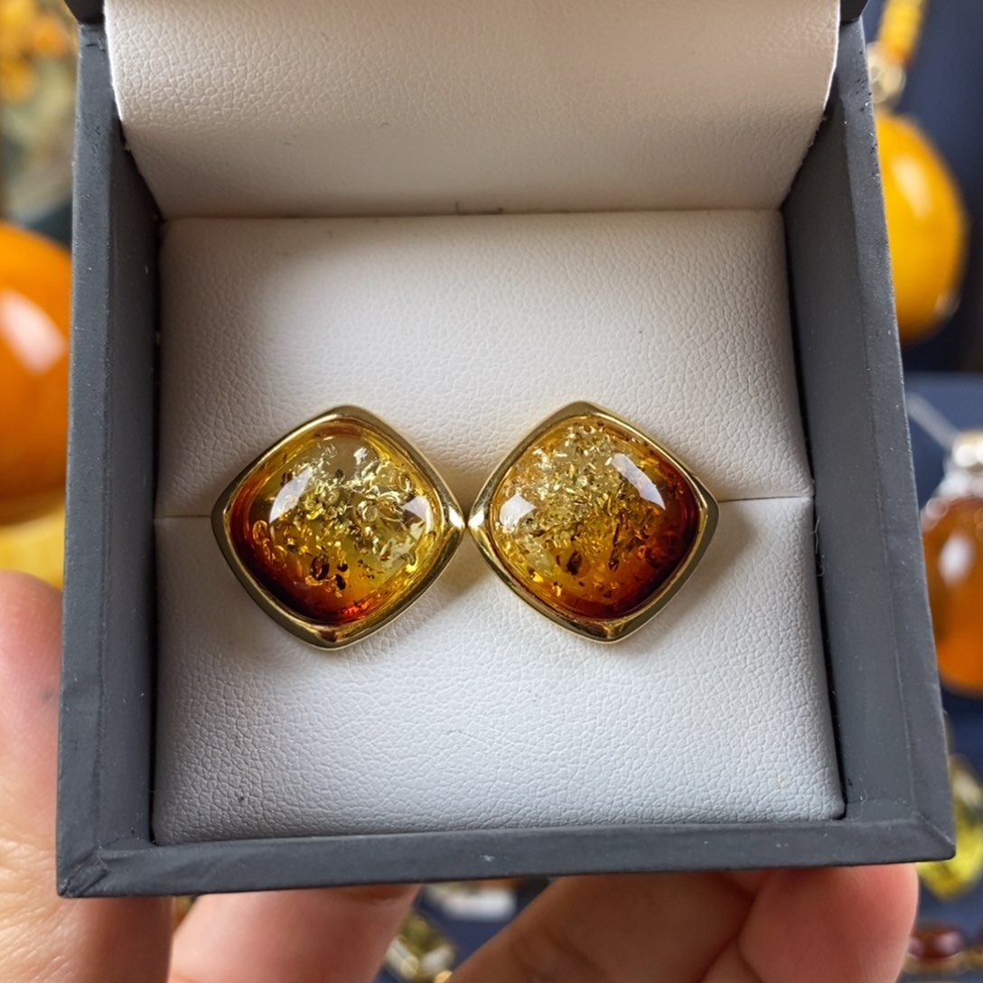 琥珀耳饰银S925镀金镶嵌