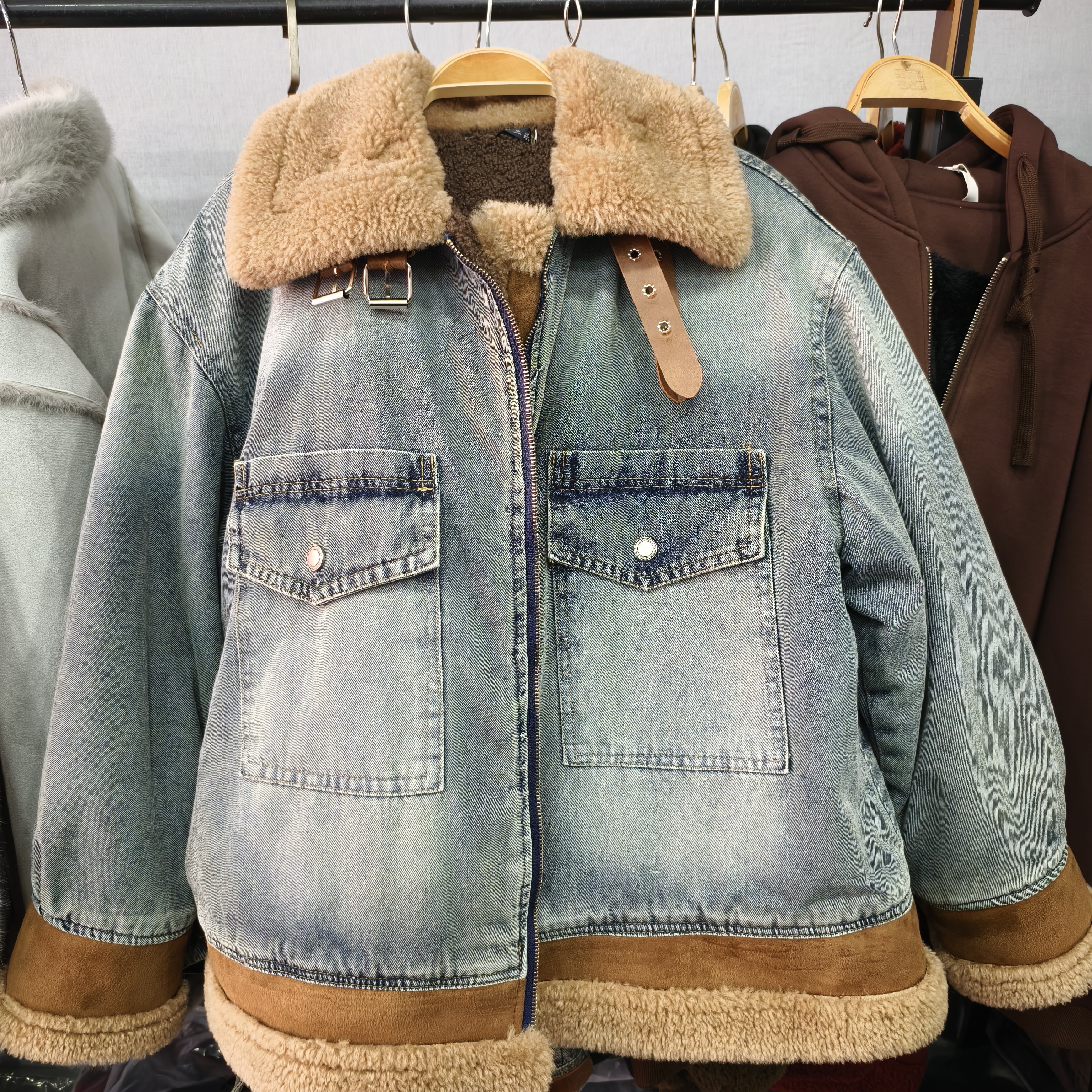 9609大码翻领加绒牛仔外套