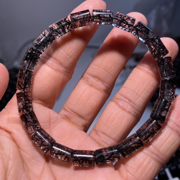 【竹节手链】天然黑发晶手串全净体满发蕾丝水晶桶珠巴西女性手镯