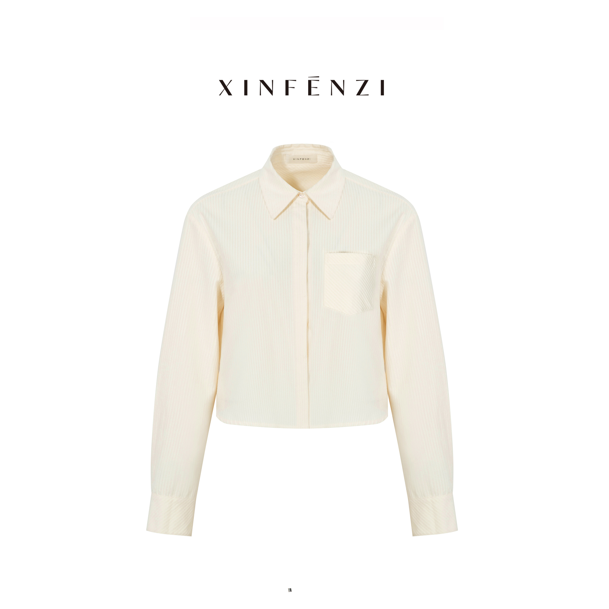 【日光暖暖】XINFENZI 复古翻领肌理条纹短款长袖衬衫 FS33629